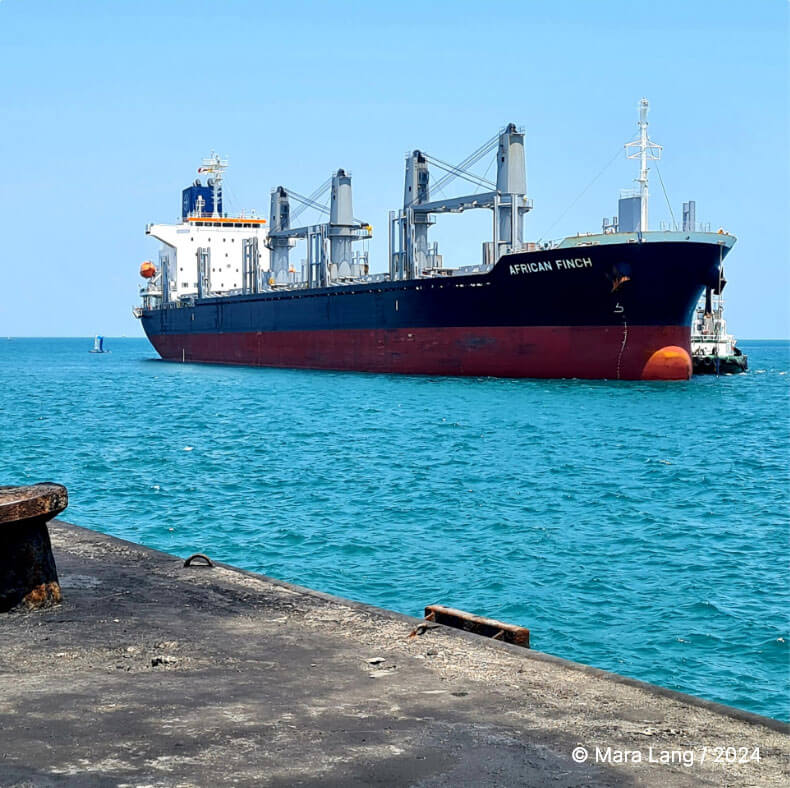 Break bulk vessel with humanitarian cargo Bulk vessel carrying aid & relief goods arriving at the port