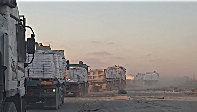 Humanitarian convoy gaza A convoy of trucks carrying humanitarian goods in Gaza